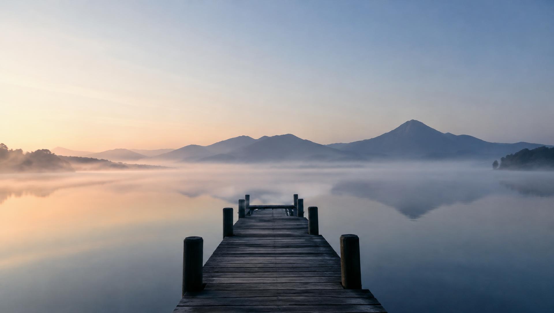 Lago calmo all'alba con un pontile